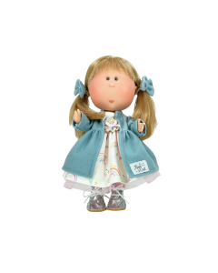 Papusa Nines D'Onil, Mia, cu parul blond si funde albastre, cu articulatii, cu miros de vanilie, 30 cm