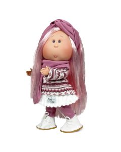 Papusa Nines D'Onil, Mia, cu parul roz si bentita, cu articulatii, cu miros de vanilie, 30 cm