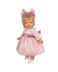 Papusa Nines D'Onil, Celia, cu parul blond, cu rochie roz plumeti, cu miros de vanilie, 45 cm