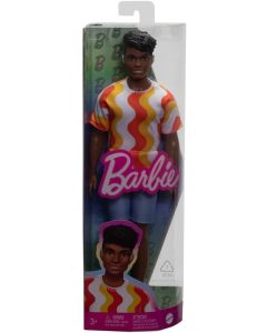 BARBIE PAPUSA BAIAT FASHIONISTAS CU TRICOU CU DUNGI ALBE SI PORTOCALII SI APARATE AUDITIVE