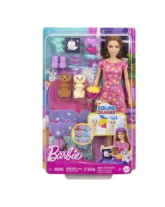 BARBIE PAPUSA BARBIE FAMILY SET PETRECERE CU 2 CATELUSI COLOR CHANGE