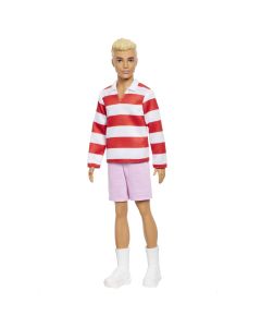 BARBIE FASHIONISTAS PAPUSA KEN BLOND CU BLUZA POLO DUNGI ROSII ALBE