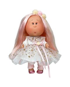 Papusa Nines D'Onil, Mia, cu parul roz, cu sclipici, cu articulatii, cu miros de vanilie, 30 cm