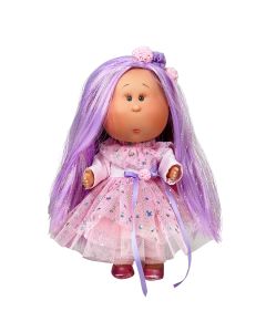Papusa Nines D'Onil, Mia, cu parul mov, cu sclipici, cu articulatii, cu miros de vanilie, 30 cm