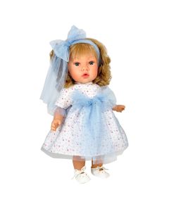 Papusa Nines D'Onil, Susette Tul, cu parul blond, cu sunete, cu funda albastra, cu miros de vanilie, 45 cm