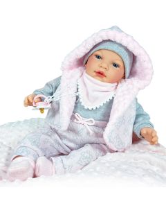 Papusa Nines D'Onil, Snow, nou-nascut, cu sunete, cu miros de vanilie, ambalata in saculet, 45 cm
