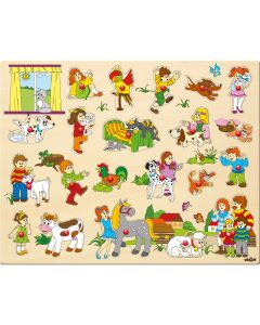 Puzzle din lemn cu butoni - Copii si animale (21 piese)