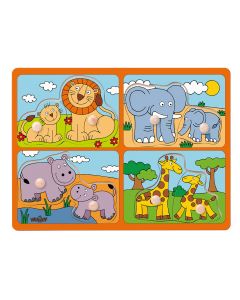 Puzzle din lemn cu butoni - Animale salbatice si puii lor