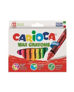 Creioane cerate, rotunde, lavabile, D-12mm, 12 culori/cutie, CARIOCA Wax Crayon Maxi