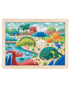 Puzzle din lemn 2 in 1 - Dinozauri (26 piese), cu fata dubla si activitate colorare