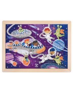Puzzle din lemn 2 in 1 - Prietenii din Spatiu (50 piese), cu fata dubla si activitate colorare