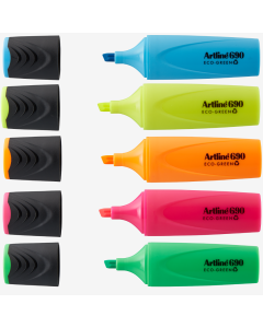 Textmarker ARTLINE 690 Eco Green, varf tesit 1.0-4.0mm, 4 culori/set