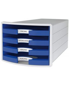 Suport plastic cu 4 sertare pt. documente, HAN Impuls 2.0 (open) - gri deschis - sertare albastre