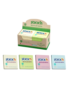 Notes autoadeziv 76 x 76 mm, hartie reciclata, 100 file, 12 buc/cutie, Stick"n – galben pastel