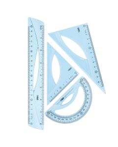 SET GEOMETRIE 4 PIESE ALBASTRU TRANSPARENT (RIG20CM, ECH*2, RAP) DELI