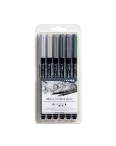 Markere LYRA Aqua Brush Duo, 2 capete (brush + 1mm),  6 culori in tonuri de gri/blister