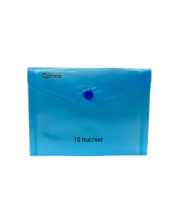 Mapa PP protectie documente A6 landscape, inchidere cu capsa, 10/set, Optima - albastru transparent