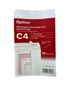 Plic C4 (324x229mm), cu burduf 30mm, lipire siliconica,  25 buc/set, Optima - alb