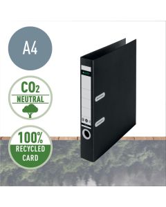 Biblioraft Leitz 180° Recycle, carton, partial reciclat, certificare FSC, reciclabil, A4, 50 mm, negru