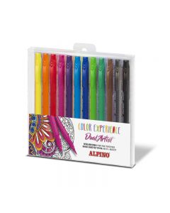 Carioca cu 2 capete, varf liner 0.7mm/tip pensula, 12 culori/set,  ALPINO Color Experience