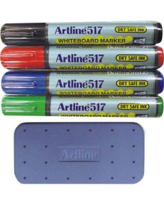 Kit markere tabla de scris+burete magnetic, ARTLINE 517 - Dry safe ink, varf rotund 2.0mm, 4 cul/set