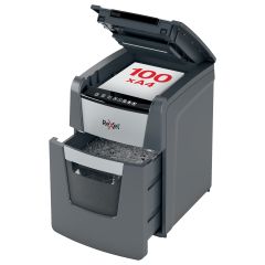 Distrugatoare documente Rexel, Distrugator documente automat REXEL OPTIMUM 100M, P5, micro-cut (particule), 100 coli, cos 34l, negr - autograf.ro