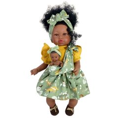 Papusi si bebelusi de jucarie, Papusa Nines D'Onil, Maria Afro, cu sunete, cu bebelus, cu rochie verde, cu miros de vanilie, 45 cm - autograf.ro