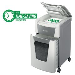 Tehnica de birou, Distrugator documente automat LEITZ IQ Office, P4, cross-cut (confeti), 300 coli, cos 60l, alb-gri - autograf.ro