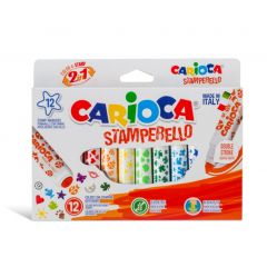 Carioci lavabile, Set 12 markere lavabile, cu 12 stampile diverse forme, cutie carton, CARIOCA Stamperello - autograf.ro
