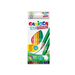 Creioane cerate, Creioane colorate CARIOCA Tita Erasable, hexagonale, flexibile, erasable, 12 culori/cutie, cu guma - autograf.ro