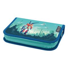 Penare fete, PENAR ECHIPAT 34 PIESE CU 2 CLAPE, INCLUDE ARTICOLE DE COLORIAJ, ARTICOLE PENTRU SCRIS SI STERS, FERMOAR ASCUNS, INTERIOR TEXTIL, DIMENSIUNE 13.5 X 19.5 X 3.5 CM, MOTIV ROBOTS - autograf.ro