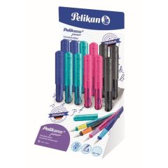 Stilou Pelikan, STILOU PELIKANO JUNIOR, PENITA A, GRIP ERGONOMIC, PENTRU DREPTACI, 1 PATRON MARE ALBASTRU INCLUS, CULORI ASORTATE ROZ/TURCOAZ/ANTRACIT/ALBASTRU, DISPLAY 12 BUC - autograf.ro