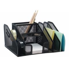 Banda adeziva si produse de ambalare Q-connect, Organizer metalic Mesh, de birou, 6 compartimente + suport banda adeziva, Q-Connect - negru - autograf.ro