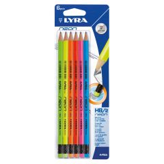 Creioane colorate Lyra, Creion grafit LYRA Neon - HB, cu radiera, 6 buc/blister, culori neon - autograf.ro