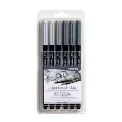 Rechizite scolare smart Lyra, Markere LYRA Aqua Brush Duo, 2 capete (brush + 1mm), 6 culori in tonuri de gri/blister - autograf.ro
