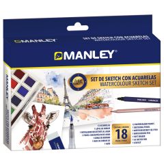 Acuarele, tempera, ulei, acrilice Manley, Set de desen Manley, contine 12 culori pastile compacte, pix de stergere+blender - autograf.ro