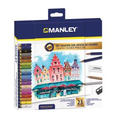 Creioane colorate Manley, Set creioane colorate-Manley, culori asortate, ascutitoare+radiera incluse, 23 culori/set - autograf.ro