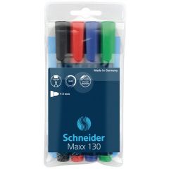 Schneider, Permanent marker SCHNEIDER Maxx 130, varf rotund 1-3mm, 4 culori/set - (N, R, A, V) - autograf.ro