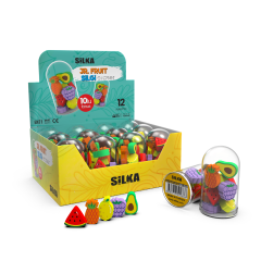 Radiere si corectoare Silka, Display radiere pt creion, 12 tuburi x 10 mini radiere/display, SILKA JR. Fruit - forme fructe - autograf.ro