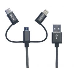 Grixx, Cablu date GRIXX Optimum - 3 in 1 Micro USB/USB-C/8-pin Apple MFI License, impletit, lungime 1m - gr - autograf.ro