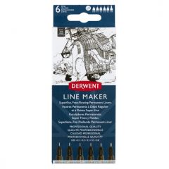 Derwent, Liner DERWENT Professional, 6 dimensiuni, varf subtire si uscare rapida, 6 buc/set, negru - autograf.ro