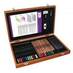 Derwent, Set complet pentru schite si desen DERWENT Academy, cutie din lemn, creioane colorate, acuarela si g - autograf.ro