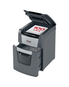 Distrugator documente automat REXEL OPTIMUM 100X, P4, cross-cut (confeti), 100 coli, cos 34l, negru-