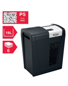 Distrugator documente manual REXEL SECURE MC6, P5, micro-cut (particule), 6 coli, 18l, negru-arginti