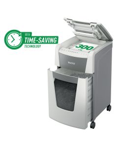 Distrugator documente automat LEITZ IQ Office, P4, cross-cut (confeti), 300 coli, cos 60l, alb-gri