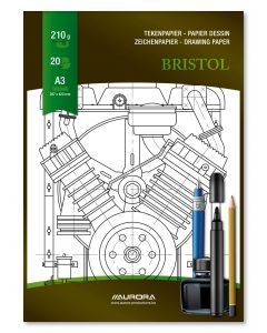 Bloc de desen A3, 20 file - Carton alb 210g/mp, Ideal pentru Schițe cu Creion și Marker - AURORA Bristol