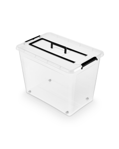 Container plastic cu capac, transparent, ORPLAST Simple box - capacitate 80L - cu maner si rotile