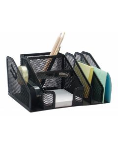 Organizer metalic Mesh, de birou, 6 compartimente + suport banda adeziva, Q-Connect - negru