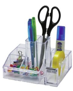 Suport plastic pentru accesorii de birou, 8 compartimente, 148 x 87mm, KEJEA - transparent