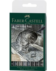 PITT ARTIST PEN SET 8 BUC NEGRU & GRI FABER-CASTELL